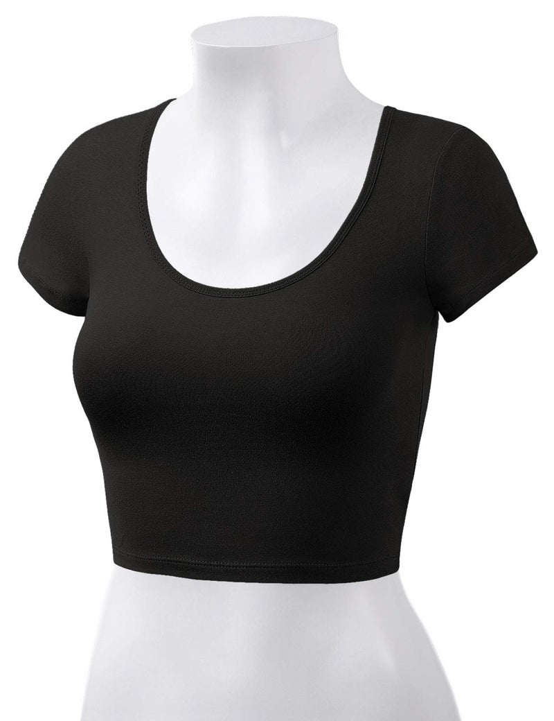 HATOPANTS Women's Cotton Crop Tops Short Sleeve Scoop Neck Stretchy Casual Shirt Black S - Image 4